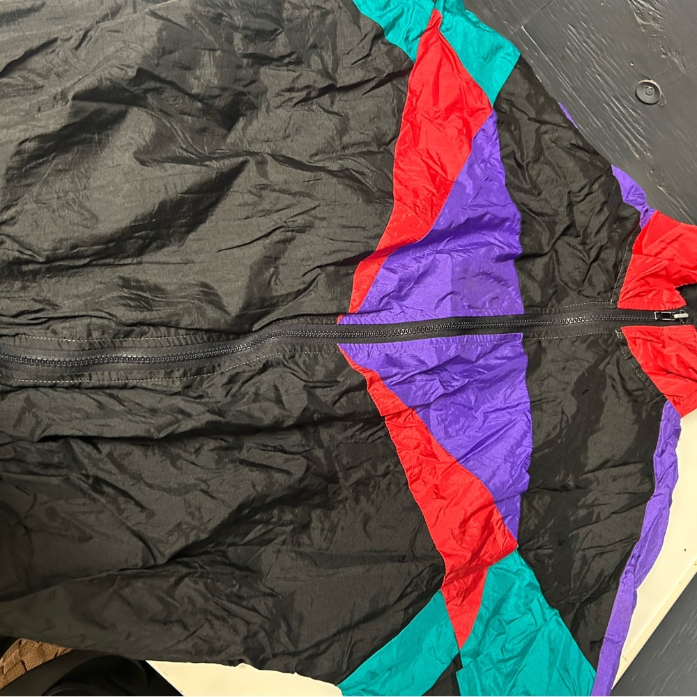 Vintage Colorblock Windbreaker Jacket - Black with Teal, Red & Purple